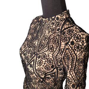 Forever 21 Black Lace Crochet Over Nude Dress Open Back size Medium